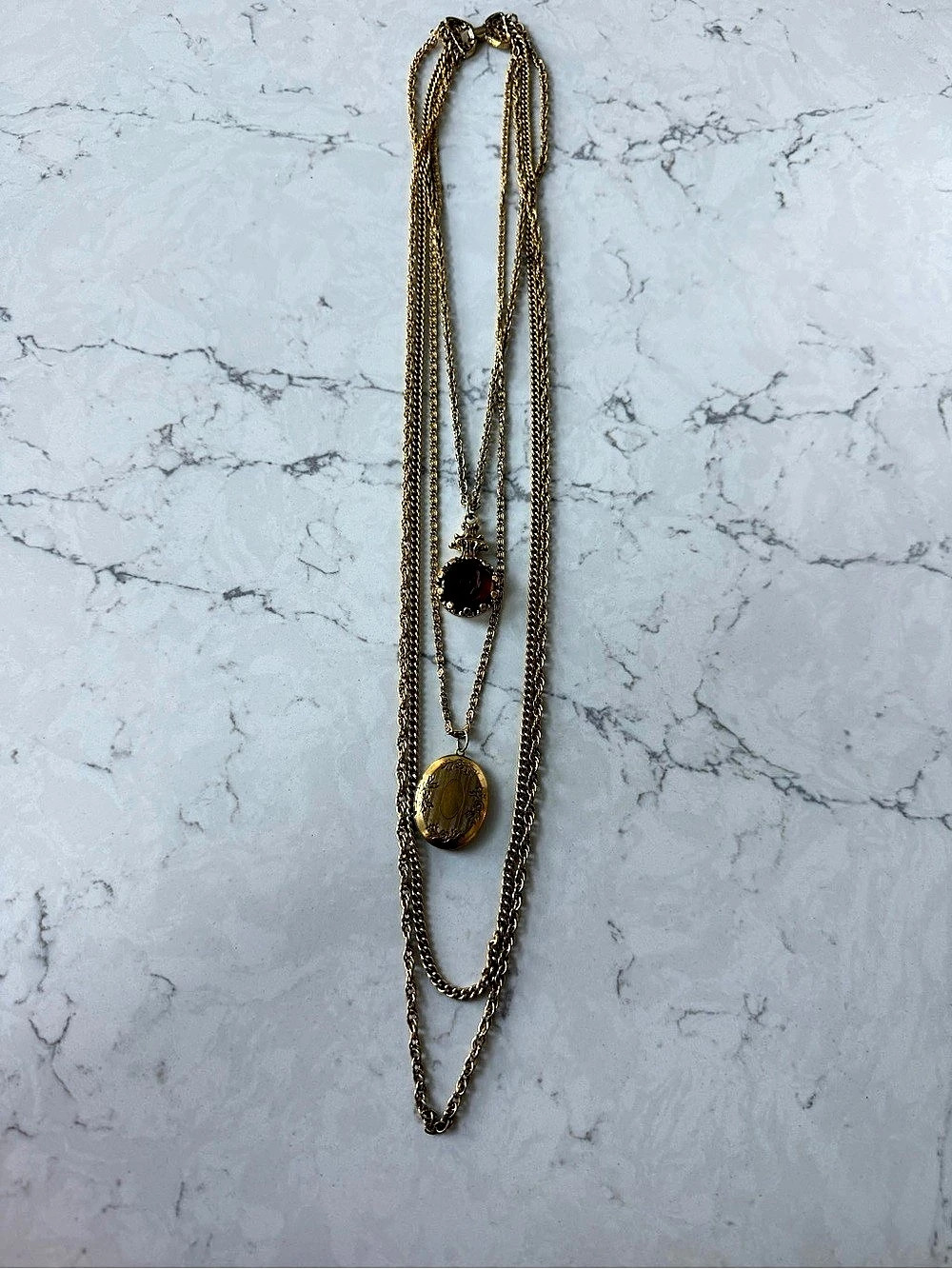Vintage Goldette Gold-Tone Layered Locket and Cameo Necklace